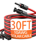 10AWG Solar Extension Cable Kit with Red and Black Pairs and Dual Connectors for Solar Panels Tin Coated Copper Wire Outdoor Grade 30Ft Red and 30Ft Black Plug and Play Ready Heavy Duty High Conductivity Adaptor Set coiled with black and red cables