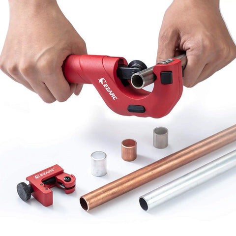 Heavy Duty Pipe Cutter Kit With Big Tubing Cutter And Mini Tube Cutter For Copper Aluminum PVC And Thin Stainless Steel Tubing Three Sixteenths To Two Inches Outer Diameter, shown cutting a metal pipe