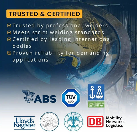 Certification logos and welding process highlight for ER70S-6 0.035 Inch MIG Welding Wire, 10 Lb Spool, Made In Italy.