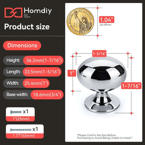 5 Pack Oval Polished Chrome Cabinet Knobs 1 5 16 Inch Drawer Knobs For Cupboards And Dressers Aluminum Modern Hardware For Kitchen Cabinets DIY Friendly Easy Install Cabinet Handles with size description