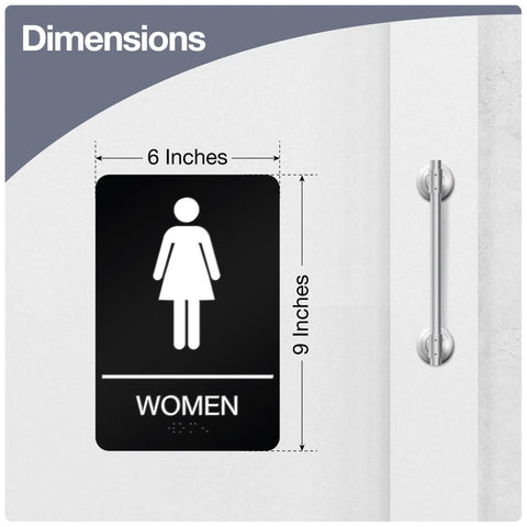 ADA Compliant Braille Restroom Sign For Business With Double Sided 3M Tape ABS Plastic 9 By 6 Inches Ideal For Offices And Restaurants Bathroom Signage With Raised Letters And Icons showing women's icon and braille on restroom door