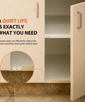 Open kitchen cabinet with 200 Pack Clear Rubber Cabinet Door Bumpers With Stick On Self Adhesive Pads placed inside
