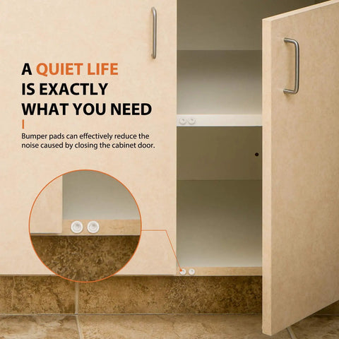 Open kitchen cabinet with 200 Pack Clear Rubber Cabinet Door Bumpers With Stick On Self Adhesive Pads placed inside