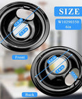 Front and back view of 6-inch porcelain drip pan for electric range, black with measurements, from Porcelain Drip Pan Set For Electric Range Stovetop Burners 6-Inch And 8-Inch 4-Pack Black Replacement Fits Whirlpool And Other Major Brands Keeps Spills Off The Flame