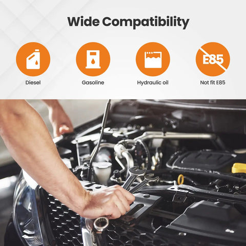 Wide compatibility of Beefed Up Universal 6AN Fuel Line Kit shown in engine bay, suitable for diesel, gasoline, and hydraulic oil.