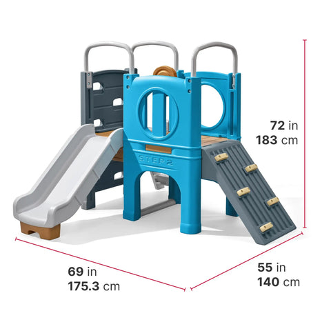 Vintage Style Outdoor Kids Playset With Climber And Slide For Backyard Adventures Featuring A Climbing Wall and Slide, dimensions shown