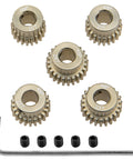 7075 Aluminum 48DP 5mm Pinion Gear Set With 20T 21T 22T 23T 24T Fits 5mm Shaft For One Tenth Scale RC Cars HPI Losi Axial Traxxas Tamiya 5 Pack Durable Aluminum Gears For Smooth Meshing shown in circle with tools