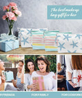 Stylish makeup bags with starfish and stripes designs, presented as gifts for friends, family, and coworkers, alongside a flower bouquet.