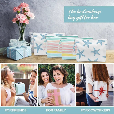 Stylish makeup bags with starfish and stripes designs, presented as gifts for friends, family, and coworkers, alongside a flower bouquet.