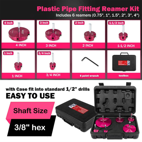 Six Piece Plastic Pipe Fitting Reamer Kit for Standard One Half Inch Drills with Carbide Cutting Inserts in Reamers Sized 0.75, 1, 1.5, 2, 3, and 4 Inches