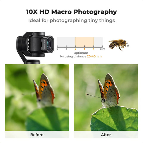 Comparison showing macro detail on butterfly with 10X Macro Lens for DJI Osmo Pocket 4 By 3 With Magnetic Mount Close Up Filter.