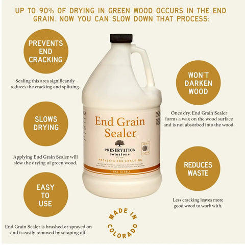 End Grain Sealer Clear 1 Gallon bottle with features for woodworkers and carvers, showing benefits of preventing cracking, slowing drying, made in Colorado.