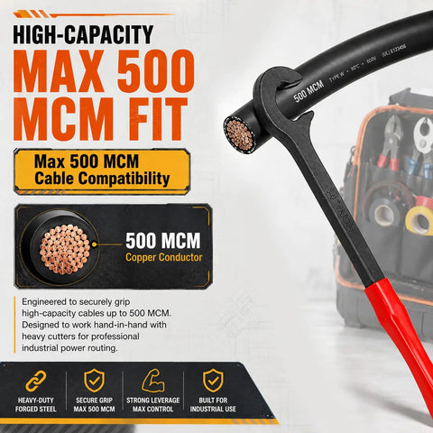 Heavy Duty 14 Inch Wire Bending Tool For Easy Copper & Aluminum Cable Handling, gripping a 500 MCM copper cable.