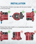 Installation guide for Heavy Duty Hot Water Recirculating Pump For Tank Heaters showing alignment and position for mounting.