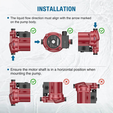 Installation guide for Heavy Duty Hot Water Recirculating Pump For Tank Heaters showing alignment and position for mounting.