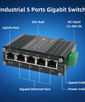 Beefy Industrial Five Port Gigabit Ethernet Switch Unmanaged with labeled ports and indicators, black rugged design.