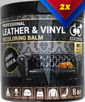 Container of Pure Black Leather And Vinyl Recoloring Balm for sofas, chairs, and car seats with fabric swatch.