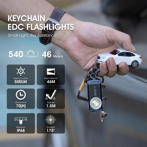 Person holding G2 Mini LED Flashlight Keychain, 500 Lumens Rechargeable Pocket Light with car model and features listed