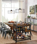 Bar cart with wood top and black metal frame; 3-tier storage, wine rack, glass holder, on caster wheels