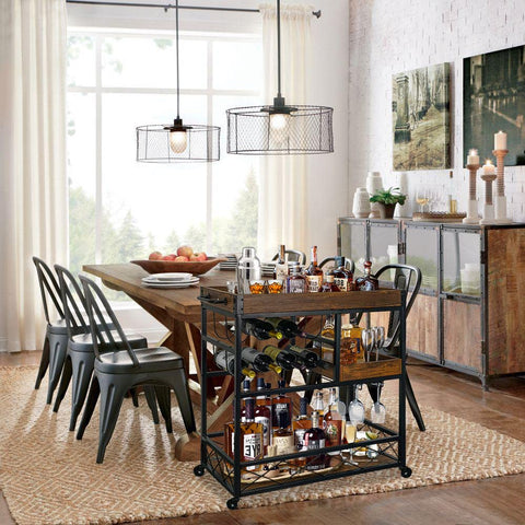 Bar cart with wood top and black metal frame; 3-tier storage, wine rack, glass holder, on caster wheels