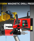 Heavy Duty Magnetic Drill Press 110V With Power Cord displaying electric motor, controls, and drill bit, ideal for metal boring.