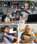 People using Cozy Heated Shoulder Wrap Massager in various settings; man working at a desk, driver using in car, woman reading on sofa.