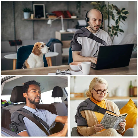 People using Cozy Heated Shoulder Wrap Massager in various settings; man working at a desk, driver using in car, woman reading on sofa.
