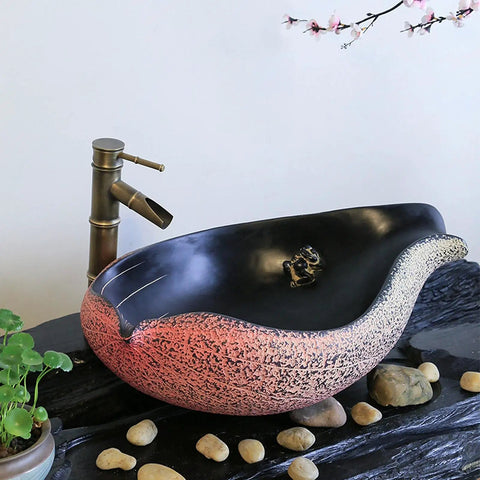 Bathroom Vessel Sink Chinese Style Art Basin Above Counter Basin Hotel Creativity Bathroom Sink Above Counter Bathroom Vessel Vanity Sink With Faucet, featuring a unique pink and black design.