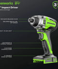 24V Brushless Impact Driver Kit with 3 Speed Settings, 2650 In-Lbs Torque, 2Ah Battery, and 2A Charger on display