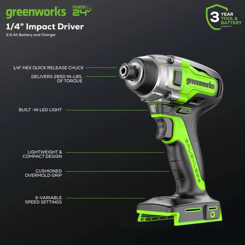 24V Brushless Cordless Impact Driver Kit With 2650 Inch Pounds Torque, Quarter Inch Hex, Variable Speed, Ultra Compact Design