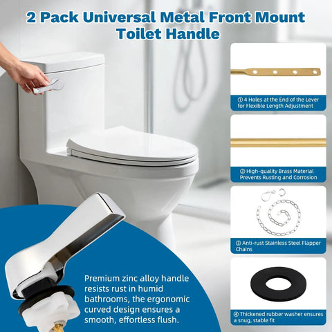Universal Front Mount Toilet Handle Replacement in Chrome Finish with Stainless Steel Flapper Chains and Metal Lever
