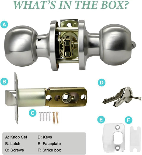 10 Pack Satin Nickel Ball Door Knobs With Lock And Keys Keyed Entry ANSI Grade 3 Security Anti Bump 5 Pin Brass Cylinder Kit Contents
