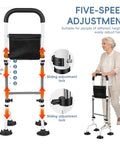 Elderly woman using Quad Cane Standing Aid For Seniors, 5 Height Adjustable Grab Rail, stable mobility aid, black.