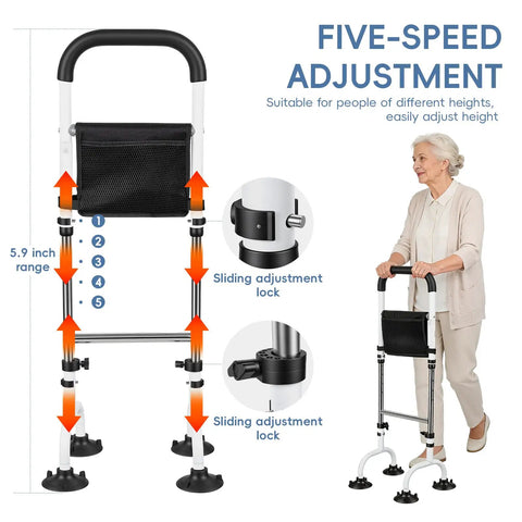 Elderly woman using Quad Cane Standing Aid For Seniors, 5 Height Adjustable Grab Rail, stable mobility aid, black.