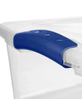 Close-up of a 32 Quart Clear Storage Bin With Lid 2 Pack, Transparent Plastic Storage Box With Tight Blue Latch For Easy Stacking