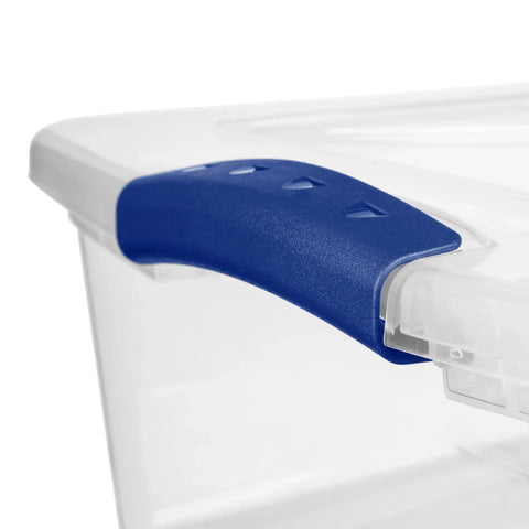 Close-up of a 32 Quart Clear Storage Bin With Lid 2 Pack, Transparent Plastic Storage Box With Tight Blue Latch For Easy Stacking