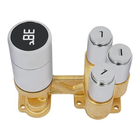 Shower System with Digital Display Thermostatic Faucet Set Copper ABS with digital temperature display and three control knobs.