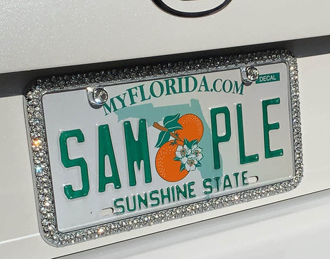 Elegance Chrome License Plate Frame With Diamond Bling And Fastener Caps, 144 Simulated Diamonds, 6mm on Florida plate