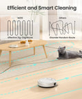 Robot Vacuum With Strong Suction And Long Battery Life For Pet Hair Slim Low Profile Quiet Cleaning Auto Docking And Self Charging Wi Fi App And Alexa Control Great For Hard Floors And Everyday Cleaning M210 navigating floor with zig-zag route next to cat on hard floor.