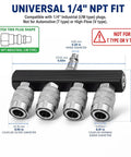 Universal 1/4" NPT fit for Top Shelf 4 Way Straight Air Manifold Splitter with steel couplers for air compressor setup.