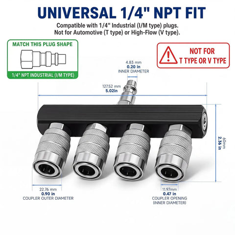 Universal 1/4" NPT fit for Top Shelf 4 Way Straight Air Manifold Splitter with steel couplers for air compressor setup.