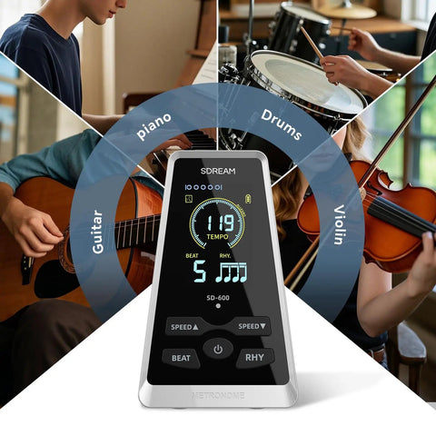 Digital LCD Metronome For Piano Guitar Drums Violin Ukulele Practice With Adjustable Tempo And Beat featured with musicians