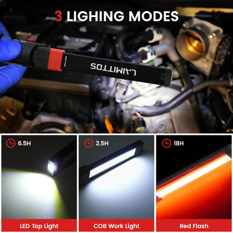 Rechargeable Magnetic LED Work Light 2500mAh Folding Flashlight For Mechanics with 3 lighting modes, in use on a car engine.