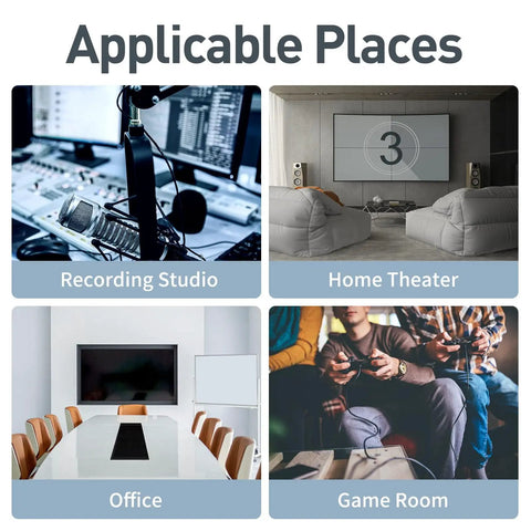 Heavy Duty Acoustic Foam Panels 36 Pack Sound Proof Wedges 12x12x2 shown in recording studio, home theater, office, and game room settings.