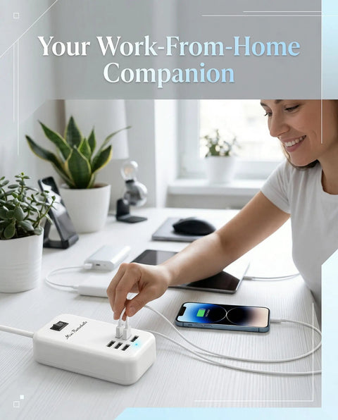 Person using Six Port USB Charger Hub With US Plug Desktop Power Wall Adapter charging phone on desk.