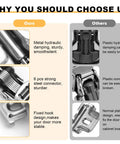 Comparison of four pack soft close cabinet hinges, showing metal and plastic hydraulic damping and steel connectors.