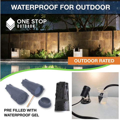 Premium Waterproof Wire Connectors 12 to 22 AWG 100 Pack displayed with outdoor lighting scene and gel-filled caps.