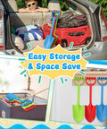 16 Inch Jumbo Beach Sand Shovel Set For Kids And Adults stored in car trunk and on wall hook