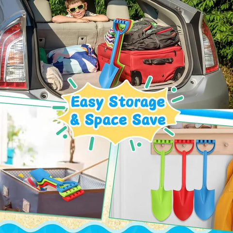 16 Inch Jumbo Beach Sand Shovel Set For Kids And Adults stored in car trunk and on wall hook