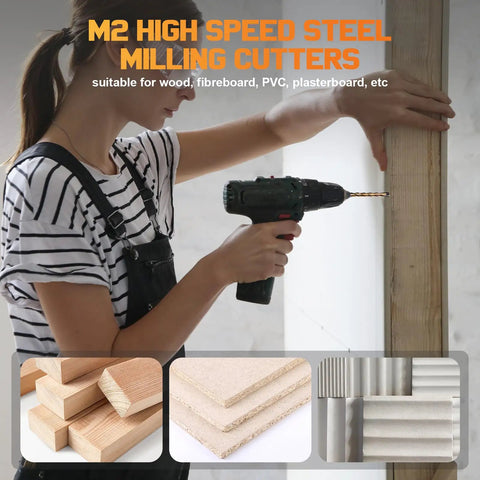 Top Tier One Eighth Inch HSS Drywall Router Bits Fifty Piece Builder Pack With Precision Guide Point Tips For Smooth Door And Window Cutouts In Drywall Makes Fast Work Of Any Spiral Saw Job Today, shown with M2 high speed steel milling cutters.